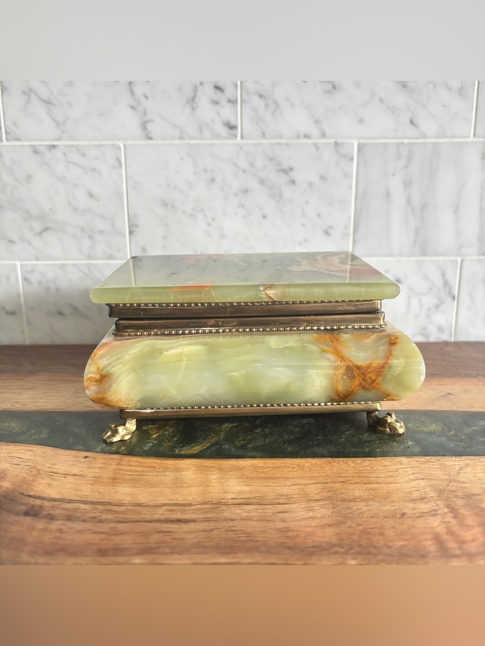 Vintage Green and Brown Marble Onyx Stone and Brass Footed Jewelry Trinket Box - Picture 3 of 12